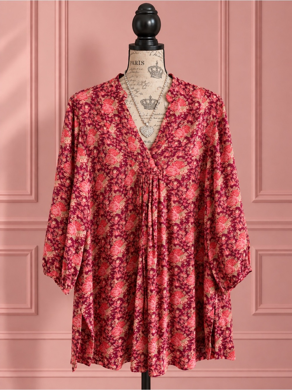 April Cornell Red Floral Rose Print V-Neck Peasant Dress Size L